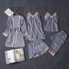 Women's Satin Chiffon Five-Piece Pajama Set: Sexy Faux Silk with Camisole, Robe, and Chest Pads for Autumn and Summer.
