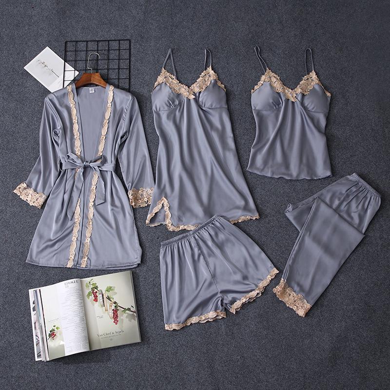 Women's Satin Chiffon Five-Piece Pajama Set: Sexy Faux Silk with Camisole, Robe, and Chest Pads for Autumn and Summer.