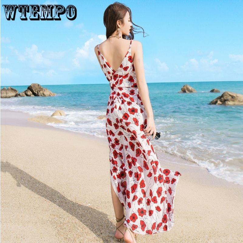WTEMPO Women's Summer V-neck Dress Seaside Resort Print Beach Dress Bohemian Waist Dress Temperament Loose Backless Floral Dress