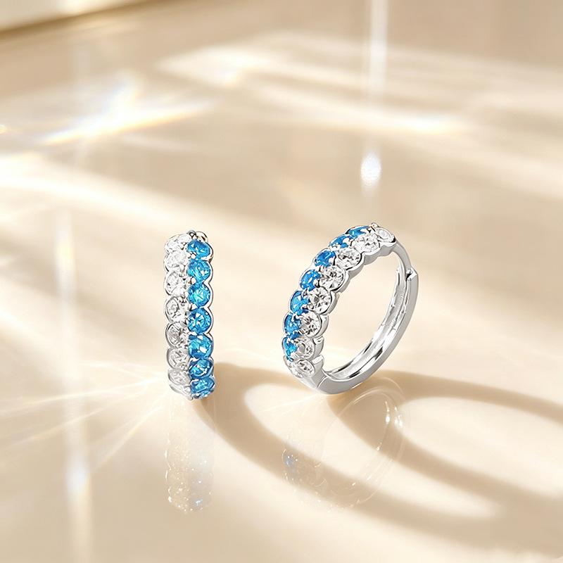 Hot Selling S925 Silver Sea Blue Spliced White Double Row diamond Ear Buckle Versatile Fashionable Earrings for Women s Jewelry