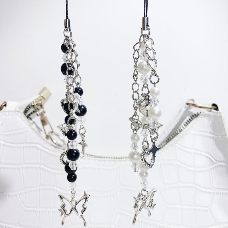 Simple Phone Charm Strap Y2K Keychain Butterfly Heart Shape Pendant Beaded Keychain Jewelry Keyring Lanyard String