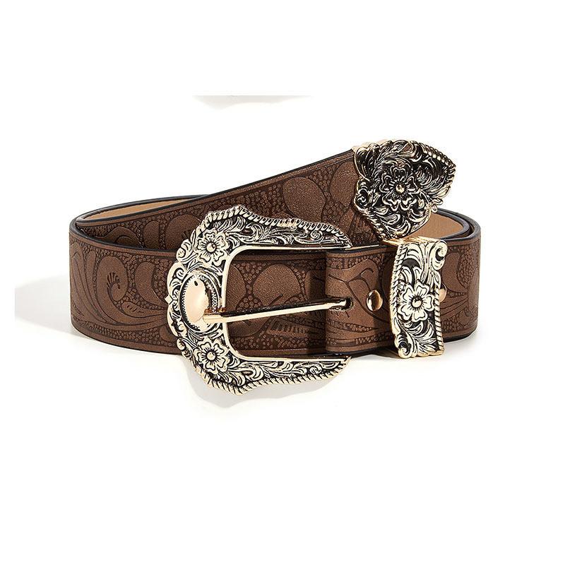 Unique Design Retro Carved Flower Pattern Waist Belt With Needle Buckle