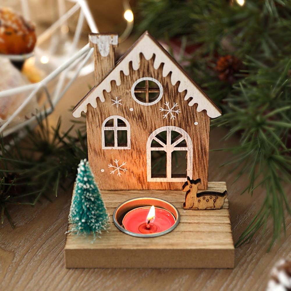 Christmas Candlestick Santa Claus Decoration Elk Nordic Style Creative Wooden House Desktop Candle Holder Decorative Ornaments
