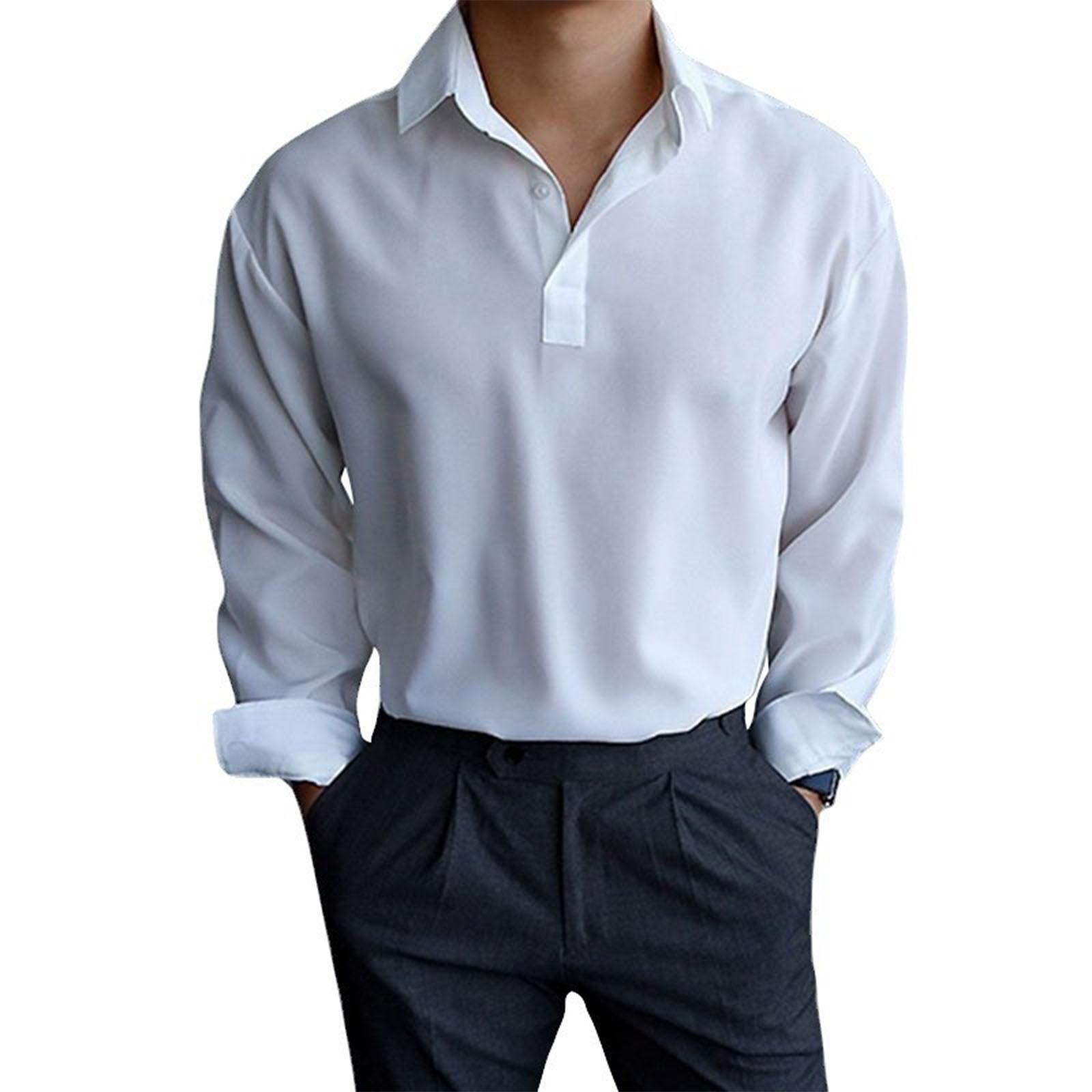 

Men s Long Sleeves Pullover Business Flip Collar Shirt XL белый