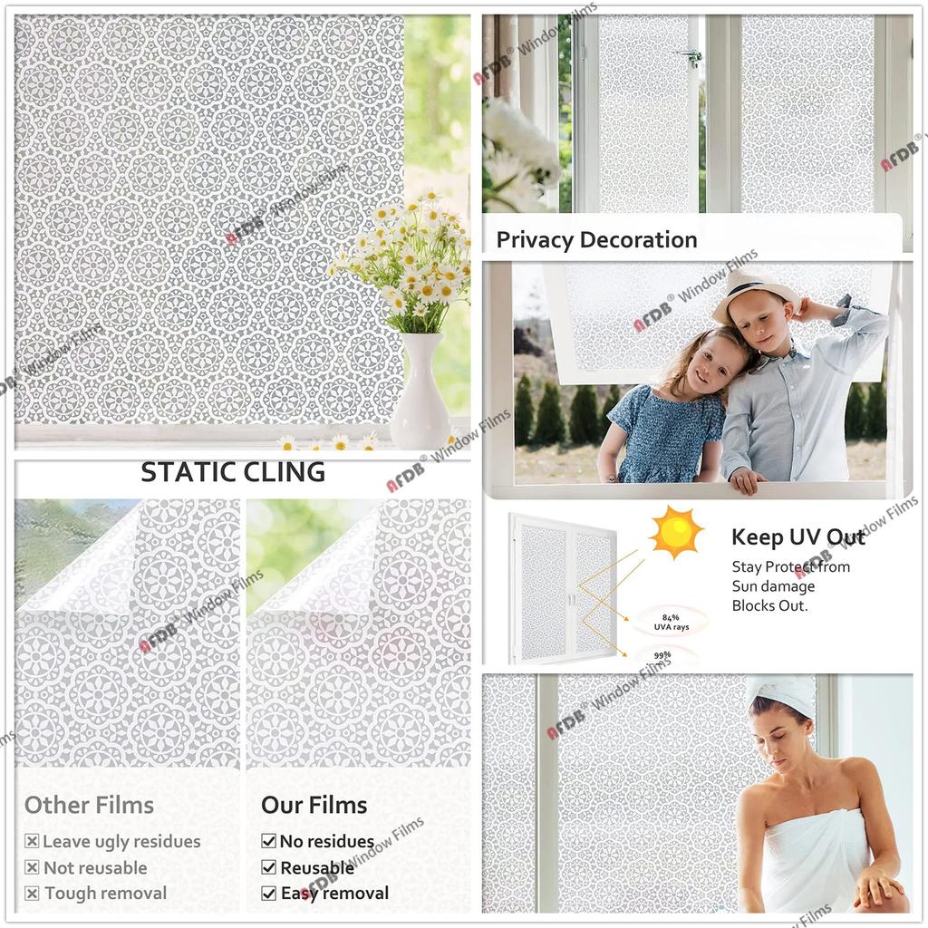 Lámina para Ventana de Privacidad Adhesivo Decorativo de Papel Encaje Flor Calcomanía Hogar Oficina Adhesión Estática Lámina para Vidrio Ancho 90 cm