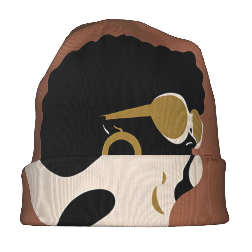 Biihudu African Woman Beanie Hat - Stretchy Snug Fit Winter Skull Cap, Brown/Black/ Cultural Afro Hairstyle Design For Women - F