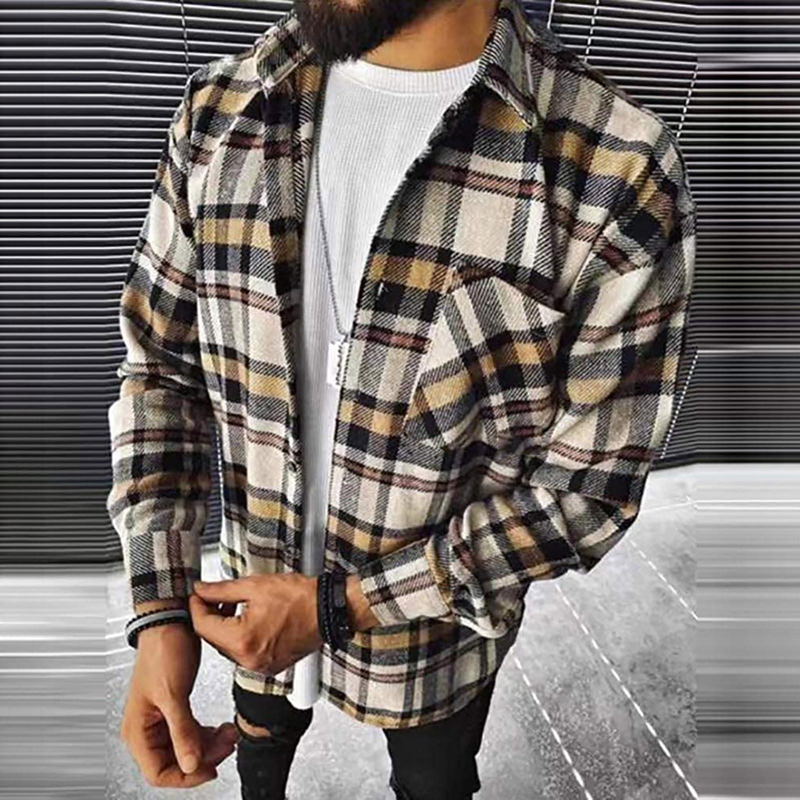 Men s Fashion Woolen Plaid Printed Long Sleeve Button Coat Jacket S хаки