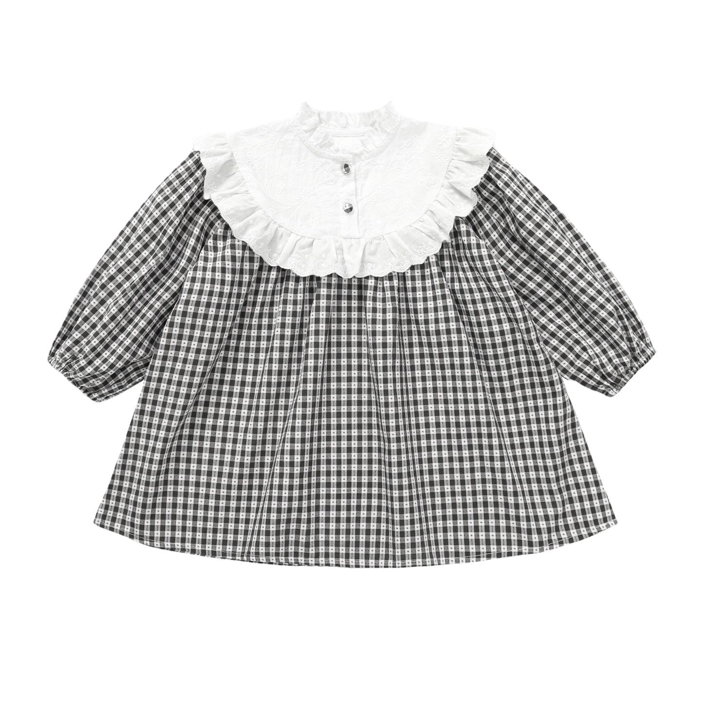 Spring Plaid Patchwork Dress with Sweet Lace Collar for Girls 110cm