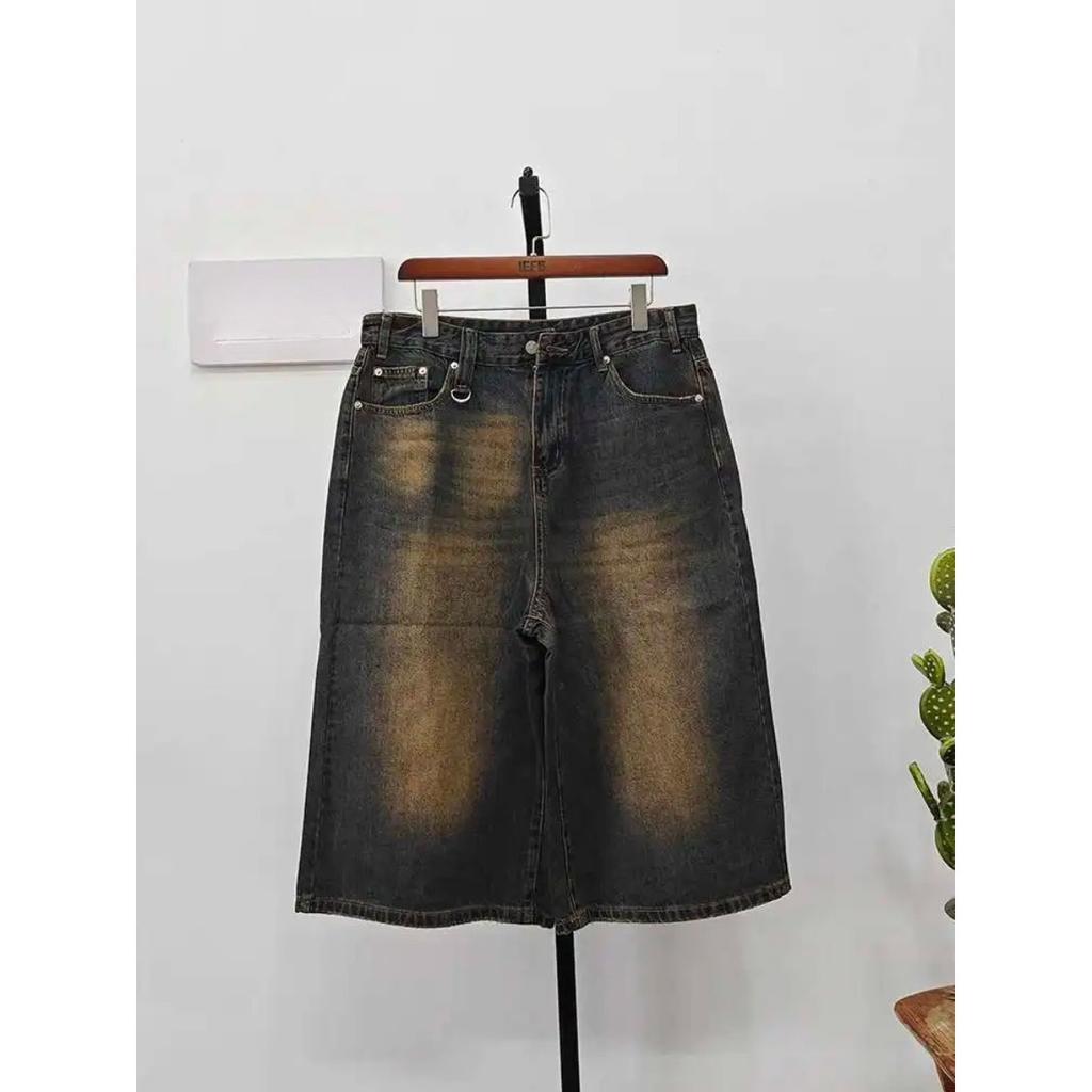 BeatStreet Styl Koreański Vintage Męskie Jeansowe Szorty Letnie Luźne Męskie Szerokie Nogawki Długość do Kolan Nowe Wypłukane Modne Krótkie Spodnie Jeansowe
