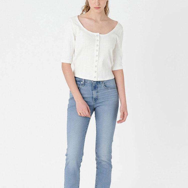 Levis Solid Color Round Neck Short Sleeve Knitted Cardigan Women Cardigans White A4769-0001