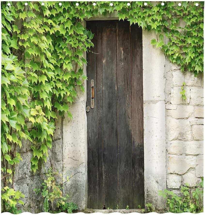 Stone House Landscape Shower Curtains Vintage Barn Wooden Door Green Leaves Vine Plants Spring Scenery Polyester Fabric Bathroom