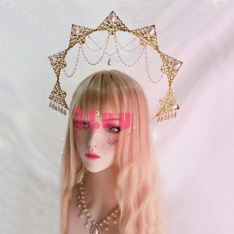 Crown Halo Headband Goddess Spiked Pearl Sun Pendant Halo Headpiece Cosplay Bridal Party Baroque Tiara Headwear Accessories