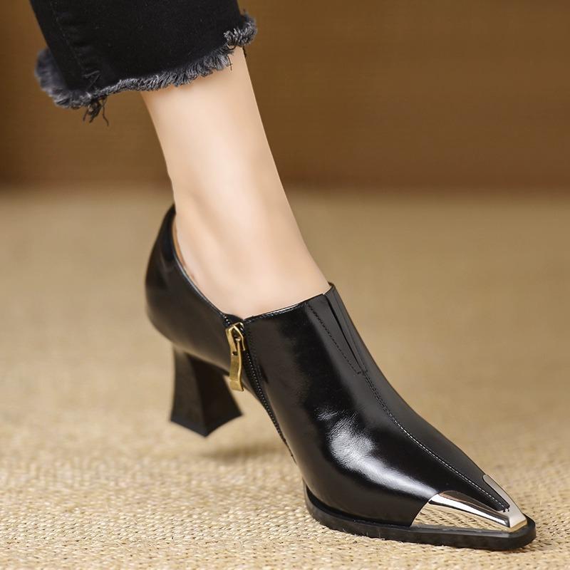 Metal pointed temperament thick heel single shoes women's retro elegant temperament versatile commuting deep mouth side zipper fashion single shoes
