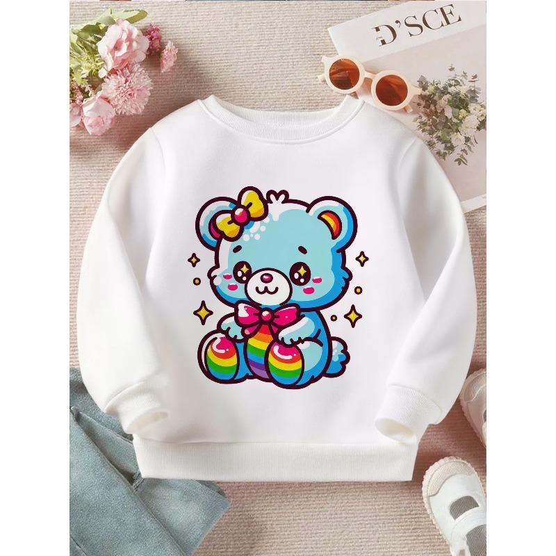 Kids Crewneck Sweatshirt, Vibrant Kawaii Bear Rainbow Stripes Shimmer Stars Graphic Print 110 белый