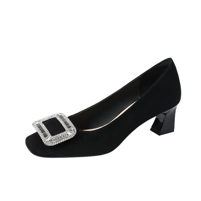 Rhinestone shallow middle heel shoes women's autumn thick heel square head high heels suede square buckle single shoes air cotton lining