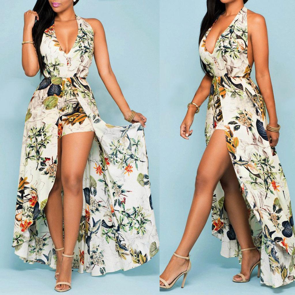Women s Sleeveless V-Neck Cinched Waist Irregular Hem Beach Dress with Skirt Pants S