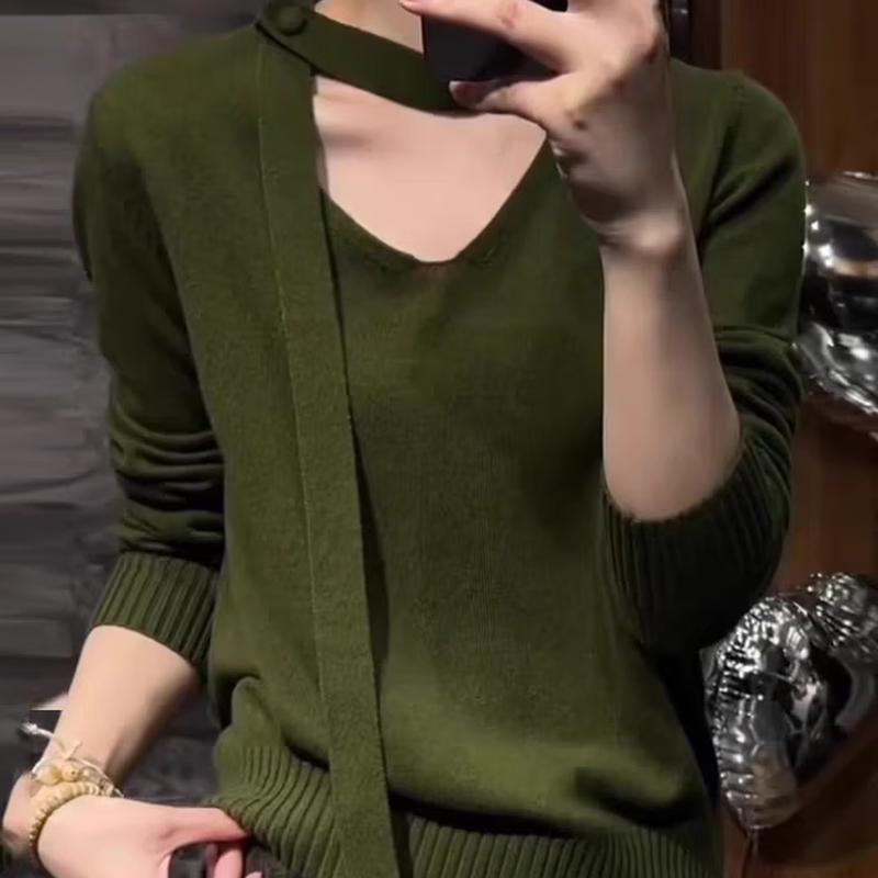 ZOSOUL Vintage V-Neck Knit Pullover with Ribbon Detail