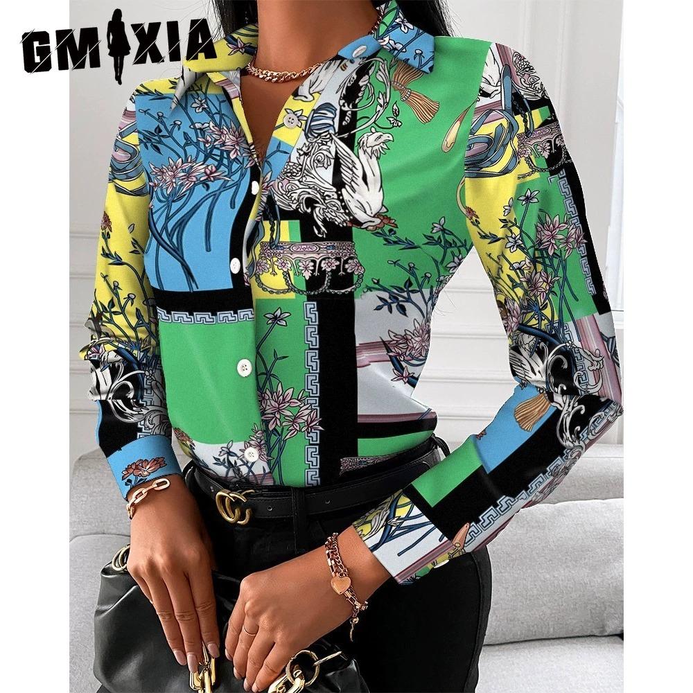 GMXIA Women's Fashion Casual Solid Color Print Long Sleeve POLO Neck Blouses & Shirts