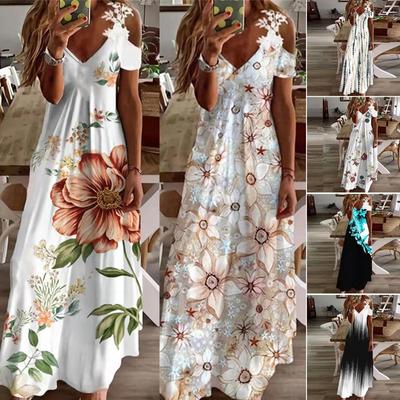 Kadın Moda Yaz Bahar Çiçek Baskı Kısa Kollu V Yaka Yüksek Bel Günlük Elbiseler