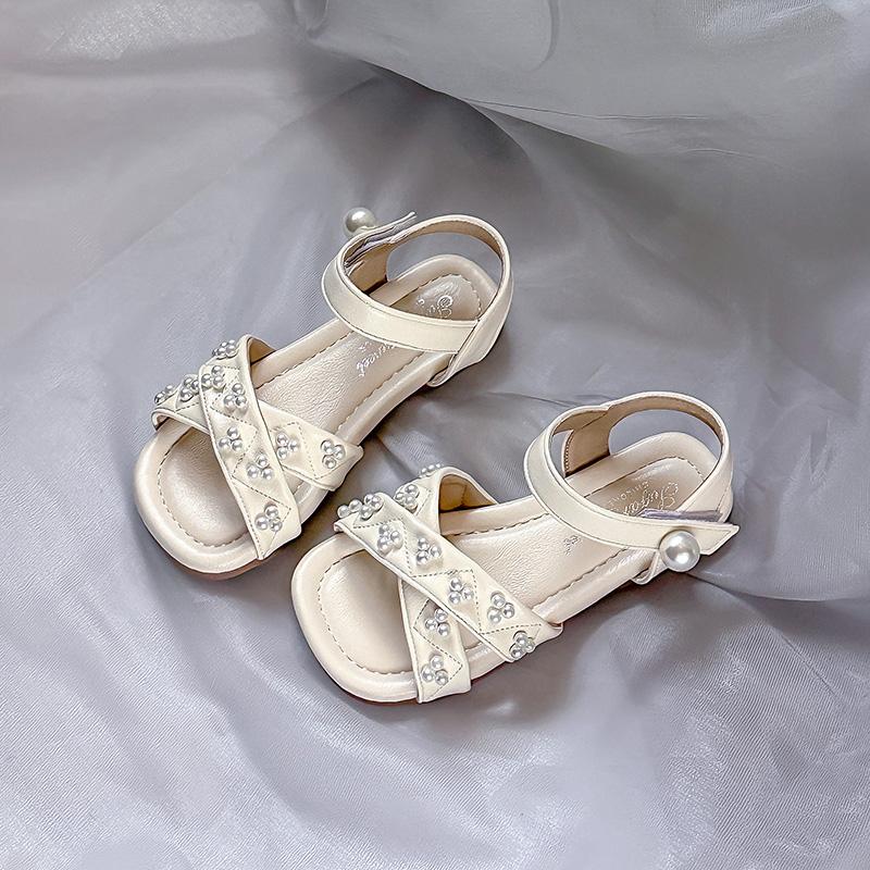 

Girls Sandals Sweet Pearls Kids Princess Shoes Ins Trendy Soft Sole 2025 Summer New Children Beach Shoes Open Toes Non-slip Cute 23 бежевый