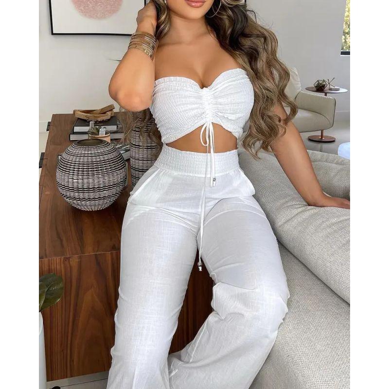 

European and American New Women Fashion Solid Sexy Tube Top Two-piece Set Blouse and Pants Sexy Top and Pants Set White XL