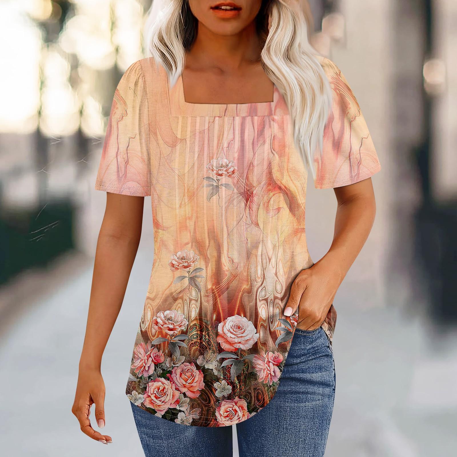 

T Shirts For Women Pleated Square Neck Dressy Casual Blouses Printing Short Sleeve Summer Tops Loose Fit XL помаранчевий