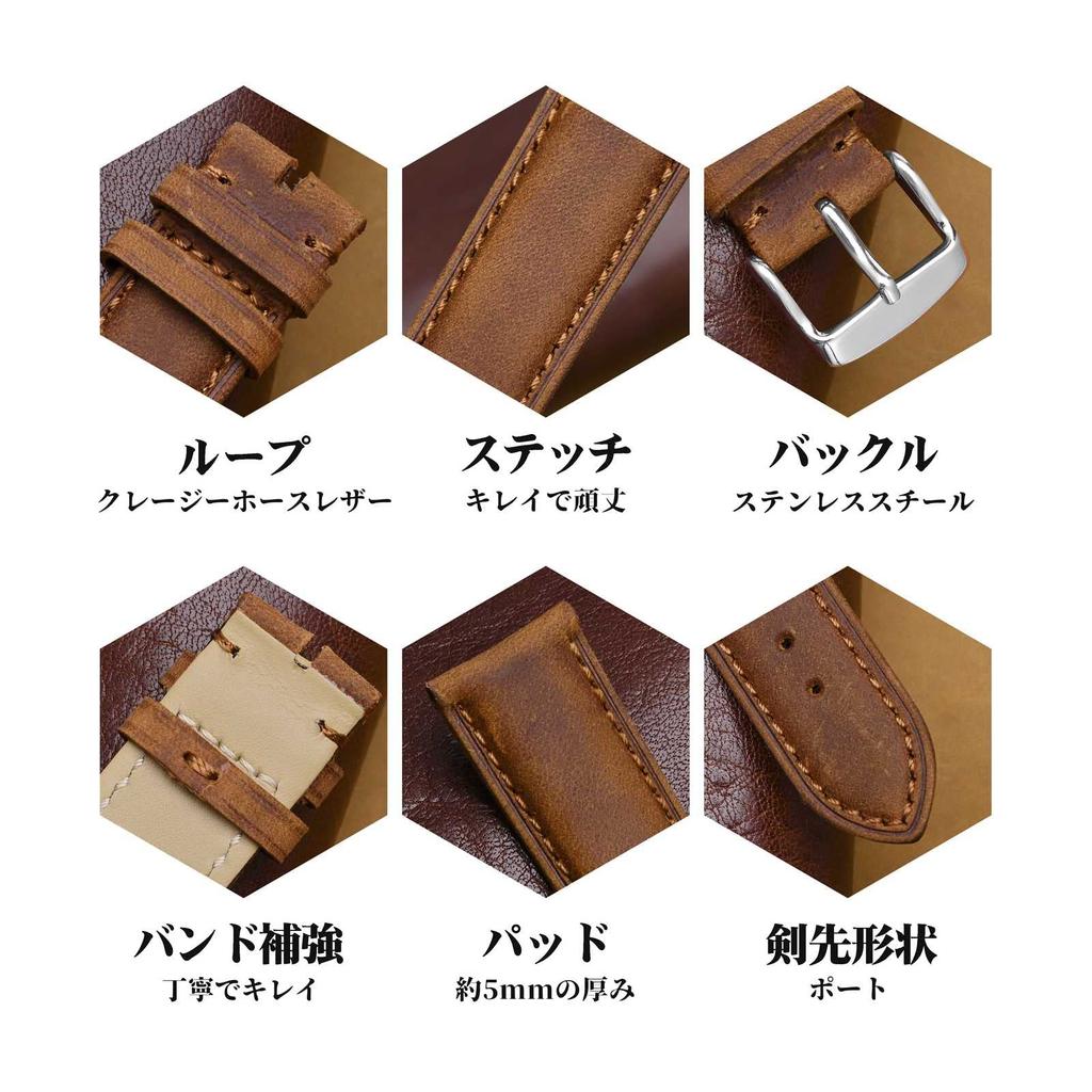 WOCCI Genuine Leather Watch Calf Replacement Buckle Band, 20mm, Leather, Strap, Brown/Silver