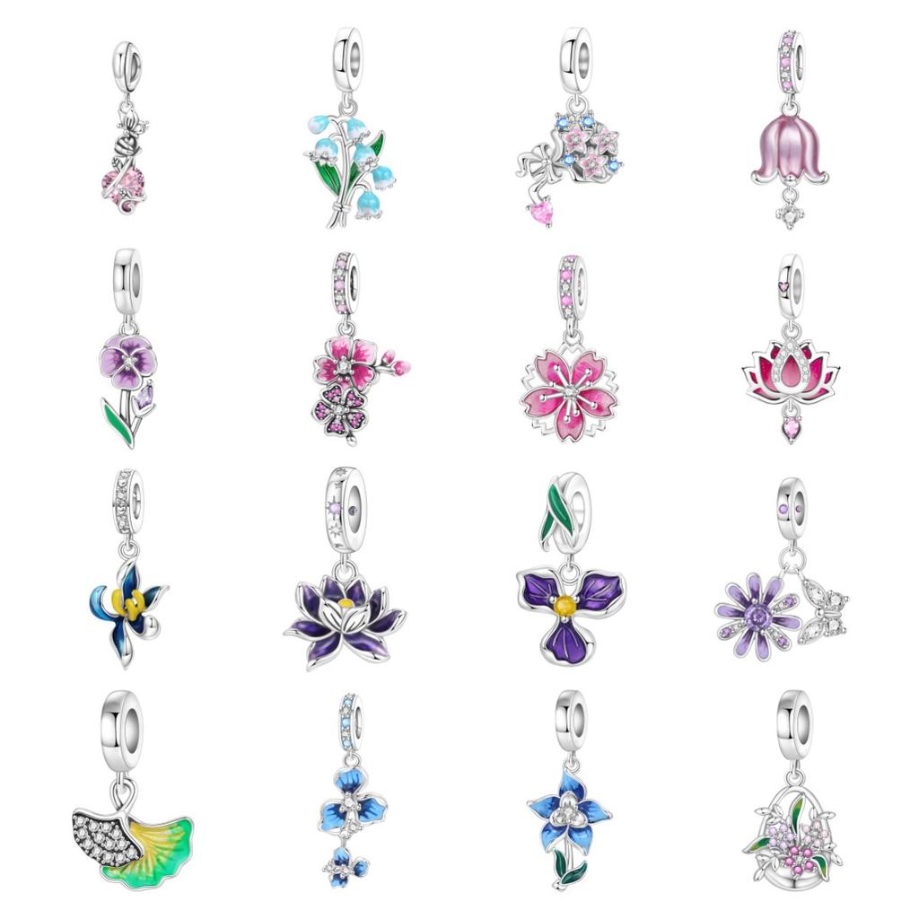 925 Silver Iris Cherry Blossom Beaded Pendant Bracelet Necklace Set Jewelry Accessories