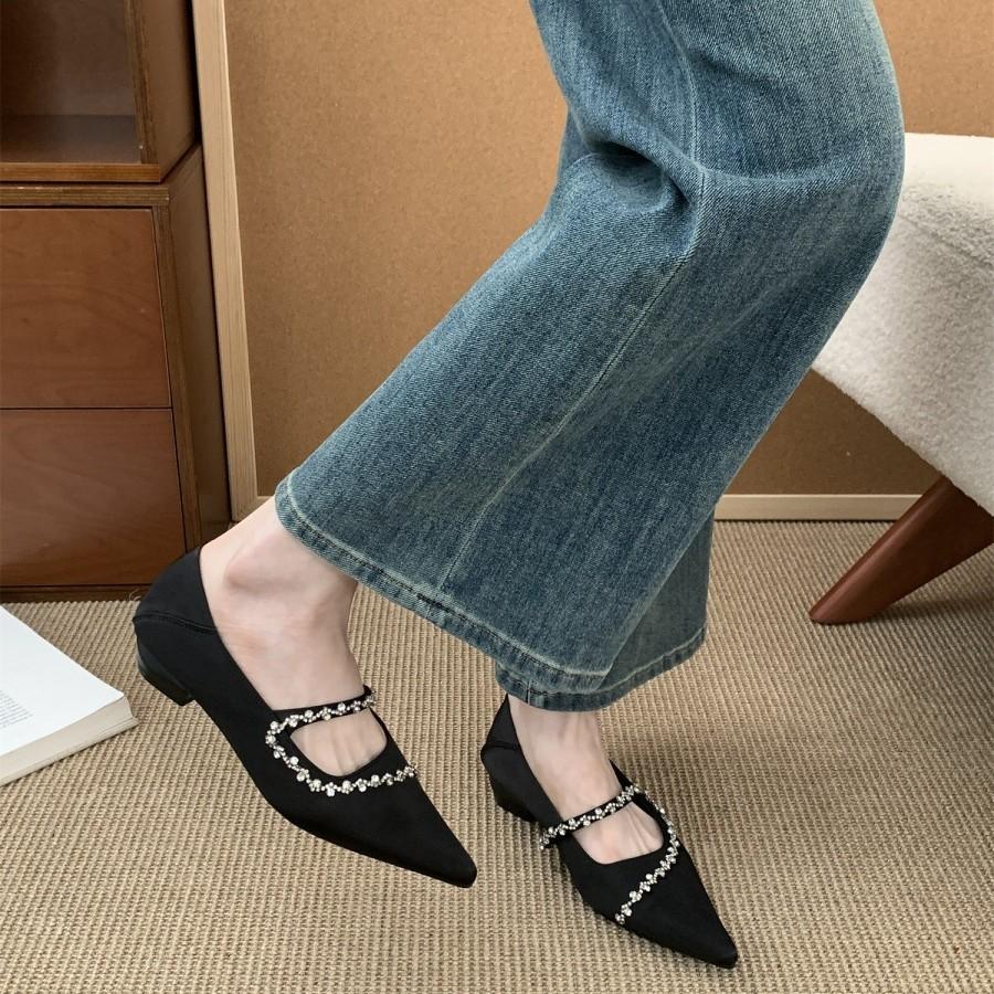 2025 Spring and Summer New Light Luxury Curved Rhinestone Temperament Versatile Pointed Thick Heel Low Heel Soft Sole Single Shoes Women