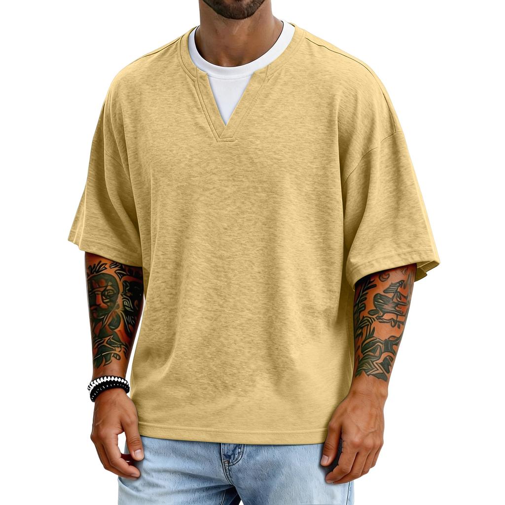 Men's Casual Color V-neck Fake Two-piece Breathable Short-sleeved Top