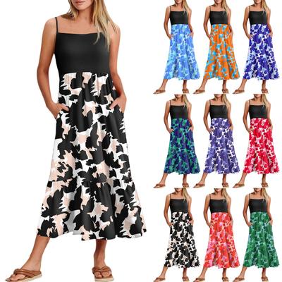 Vestidos Femininos de Verão com Alças Finas, Patchwork, Florais para Férias na Praia com Bolso