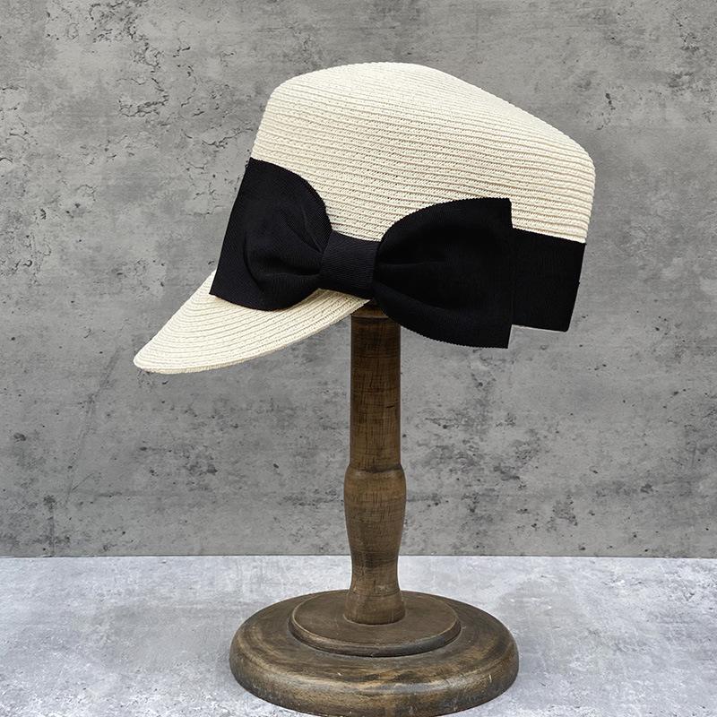 Japanischer großer Schleifenstrohhut flacher Oberteil Reithut Damen Sommer kurzer Schirmkappe Reise Sonnenschutz Strandstrohhut