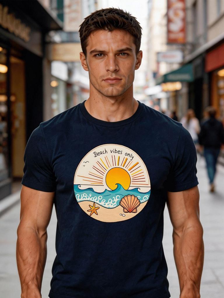 Unisex Crew Neck Cotton T Shirt Beach Vibes Only Sun Wave Graphic Print Short Sleeve Tops Loose Holiday Summer Tees For Young Male