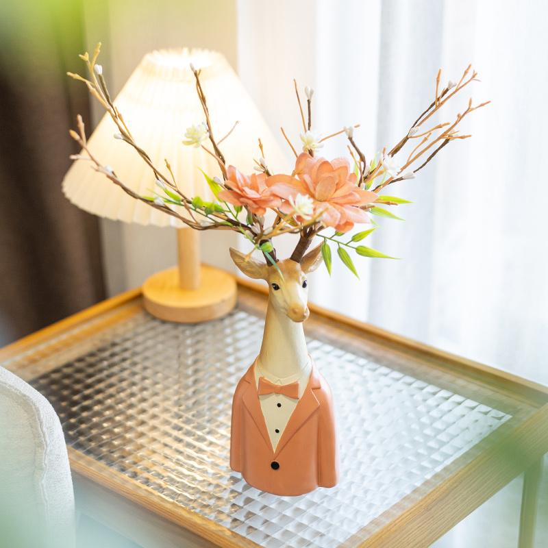 Resin Handicraft Cartoon Deer Flower Vase Floral Arrangement Accessories Artificial Animal Sculpture Home Decoration Accessories