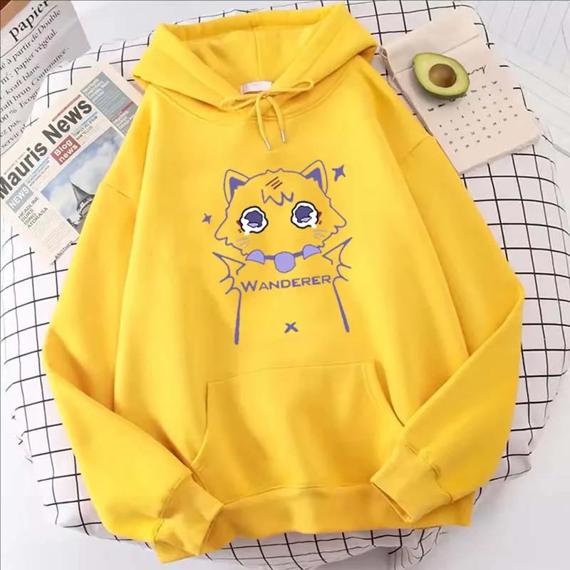 Genshin Impact Cartoon Cat Printed Hoodie Women Casual Autumn Winter Kawaii Harajuku Fleece Long Sleeve Sweatshirts