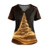 Women's Christmas Print V-Neck Short Sleeve Scrub Top with Pockets and Side Slits
