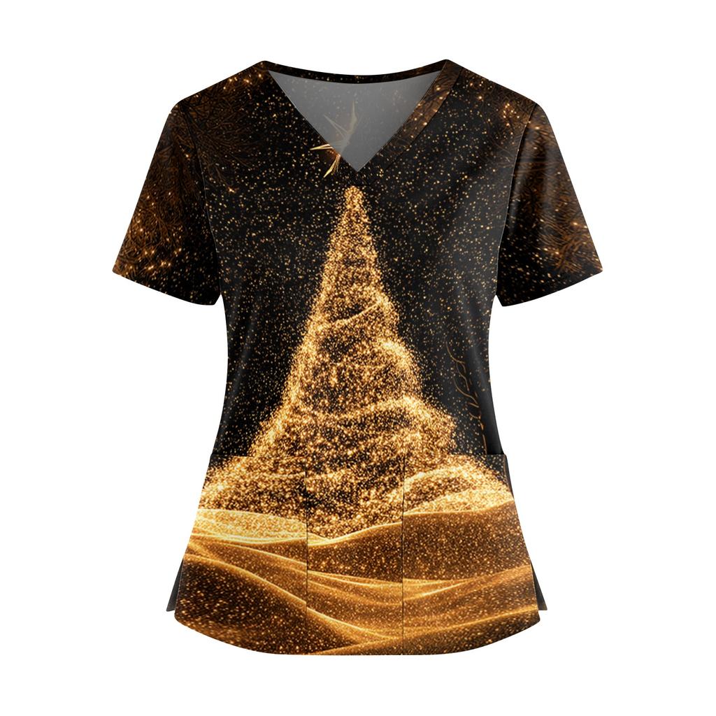 Women's Christmas Print V-Neck Short Sleeve Scrub Top with Pockets and Side Slits