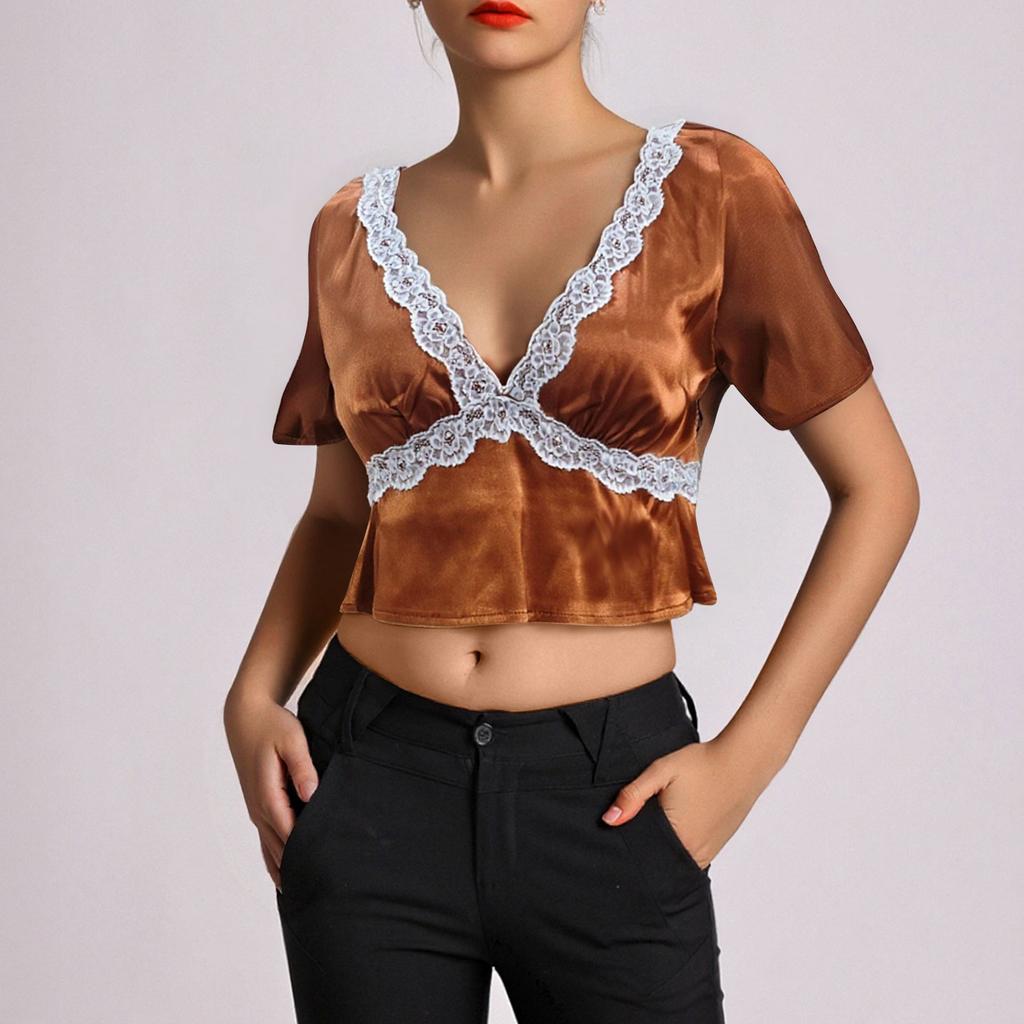 Women's Fashion Casual Summer Lace Sexy Slim Navel-Exposed Short Sleeve Top