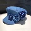 Summer denim flat top hat female three-dimensional contrasting color flower travel big head circumference fashionable face small sun protection painte