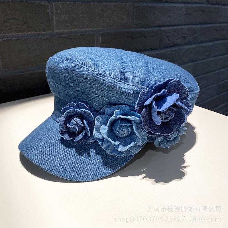 Summer denim flat top hat female three-dimensional contrasting color flower travel big head circumference fashionable face small sun protection painte