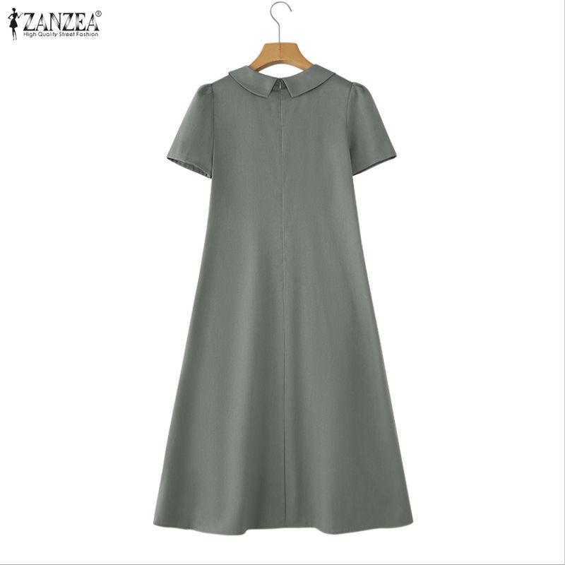 ZANZEA Womens Casual Lapel Collar Solid Color Short Sleeve Elegant A-line Dress