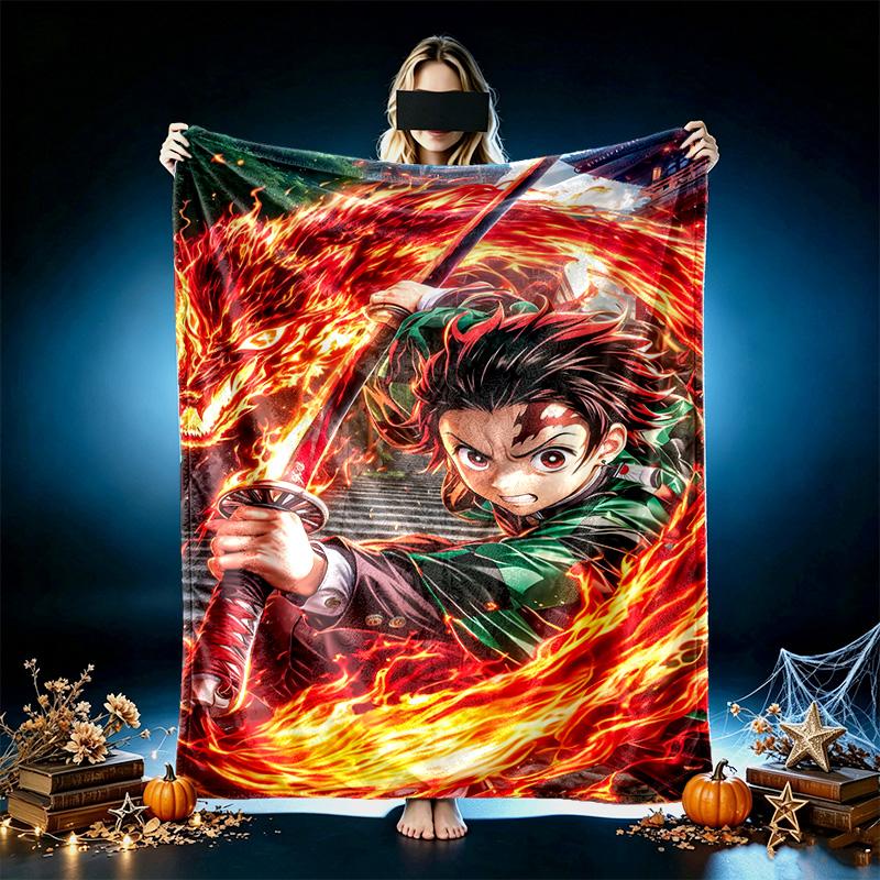 1pc Demon Slayer Blanket, Cozy Valentine's Day Blanket, Multi-functional Nap Blanket Available Throughout the Four Seasons