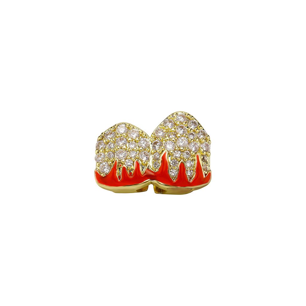 New Single and Double Flame Pattern Full Zircon Gold Teeth Halloween Hot Cosplay Versatile Dental Jewelry Braces Wholesale