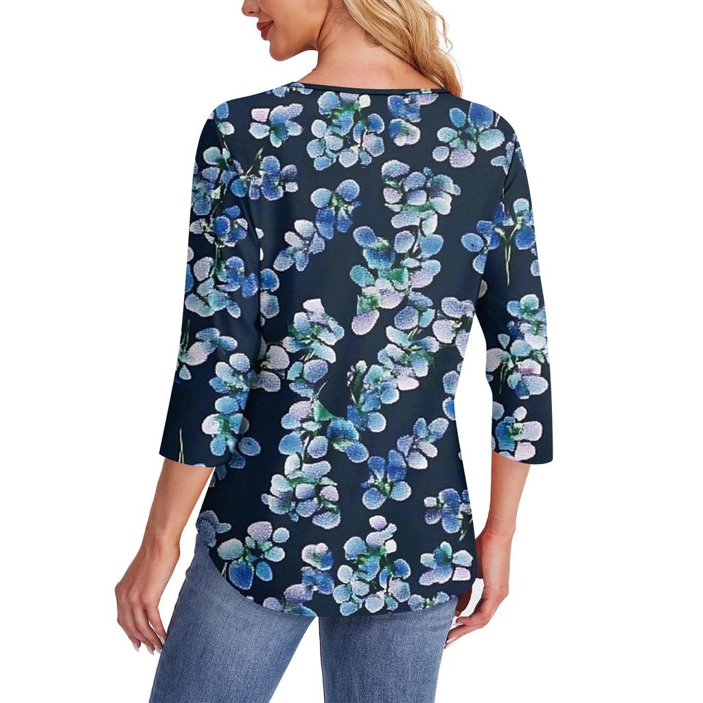 Women's Fashion Round Neck Pleated Front Placket 3/4 Sleeve Top