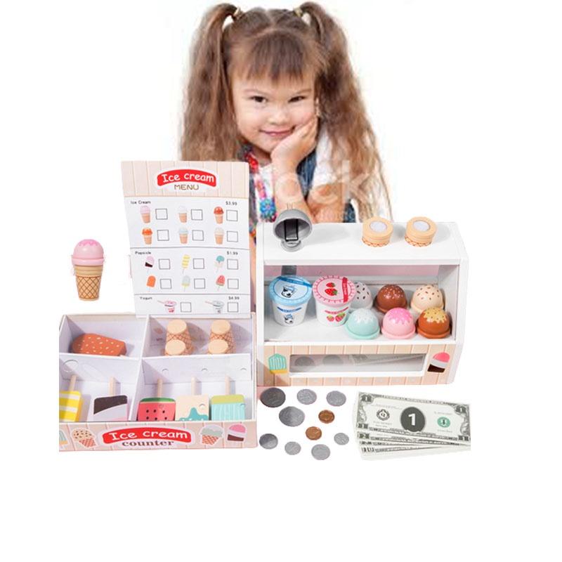 Wooden Ice Cream Shop Pretend Play Toy Set For Kids Mini Role Play Ice Cream Vending Machine With Sweet Cone Ice Cream Decorations