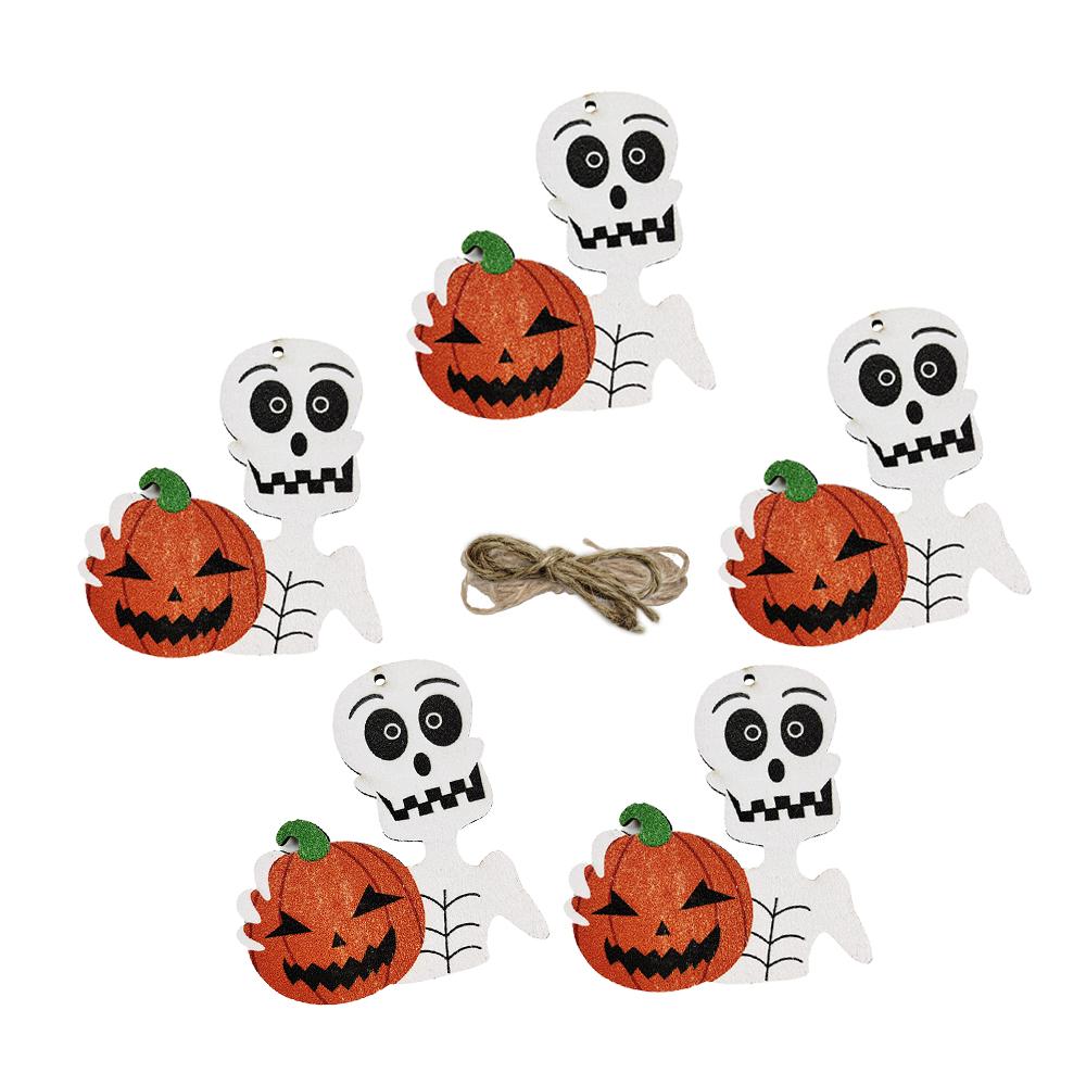 5Pcs Halloween Wooden Pendants Funny Pumpkin Ghost Skeleton Hanging Ornaments Woodden Diy Accessories Halloween Decoration 2024