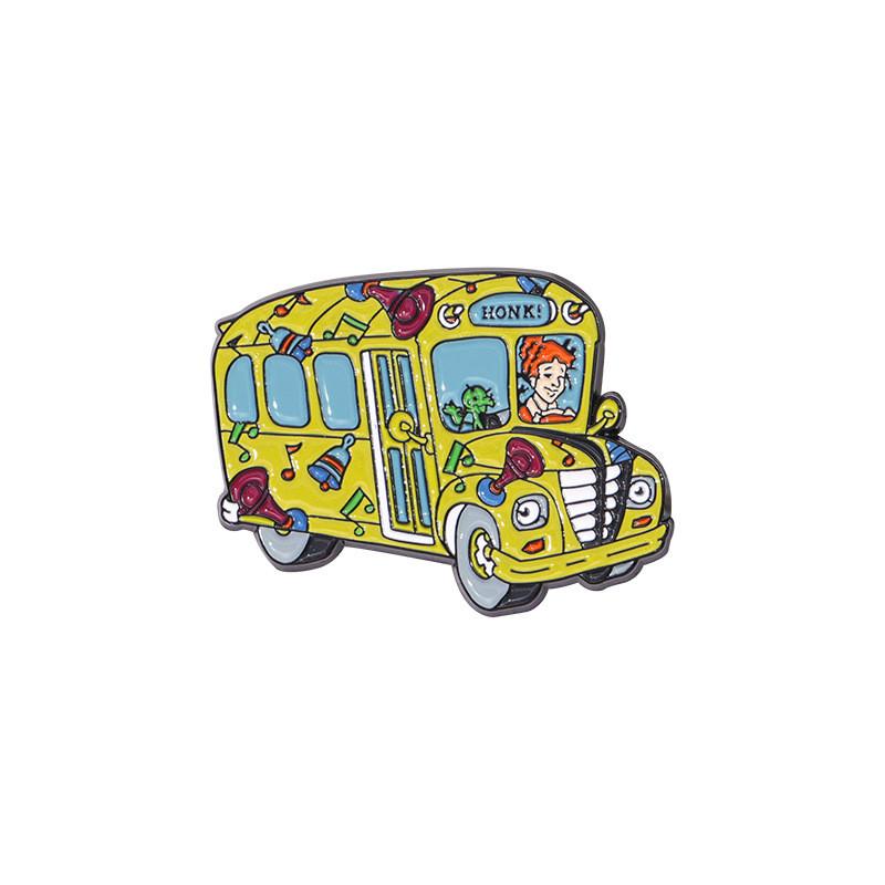 Brooch Unique Metal With Creative Bus Shaped Design And Playful Red Haired Girl Cartoon For Personal Flair