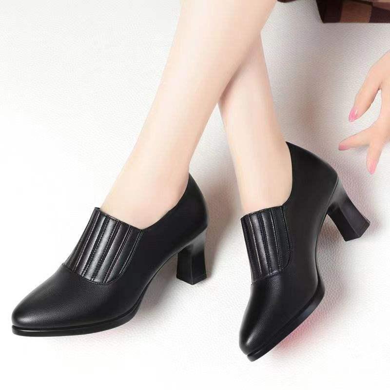 Women's Soft Leather Chunky Heel Slip-On Shoes - Pointed Toe, Elastic Design, Comfortable Work Heels