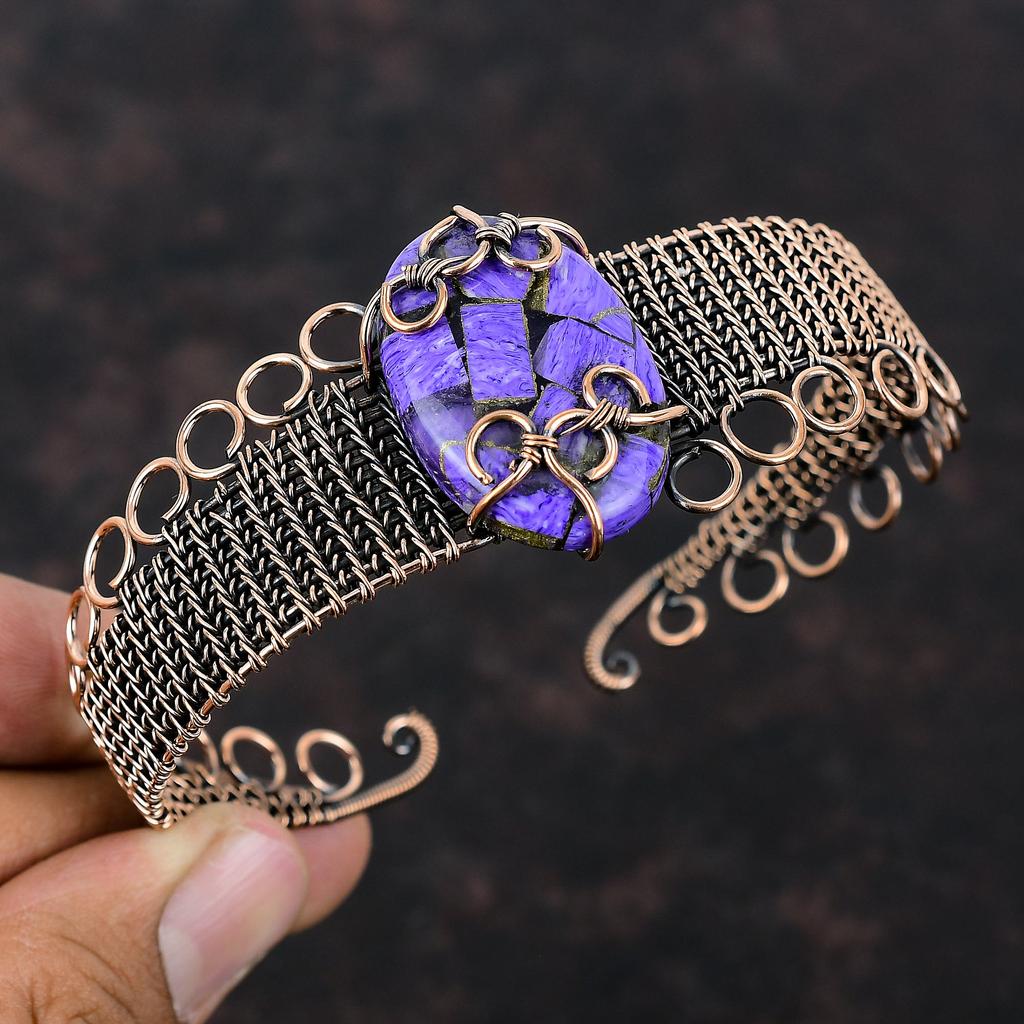 Pulseira de punho de pedra preciosa de charoíta de cobre, pulseira de fio de cobre enrolado, pulseira de punho ajustável, joia de cobre para presente, pulseira nova feita à mão