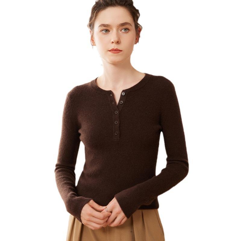 Women's Cashmere Knit Slimming Sweater: French Style, Button-Up, Half-Open Collar, Long Sleeve, Round Neck, Warm Base Layer for Autumn/Winter.